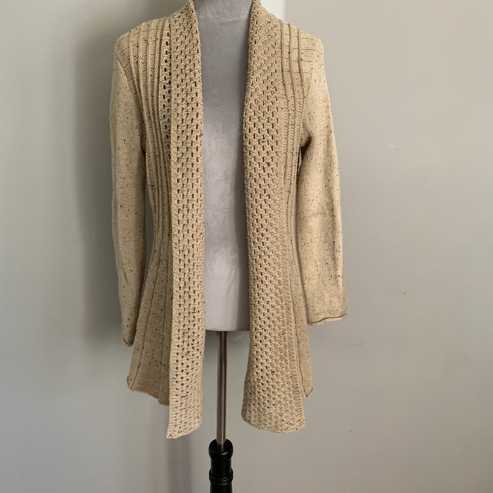 Studio Works Womens Mid-Length Knit Open Front Cardigan Sweater Tan Sz Small